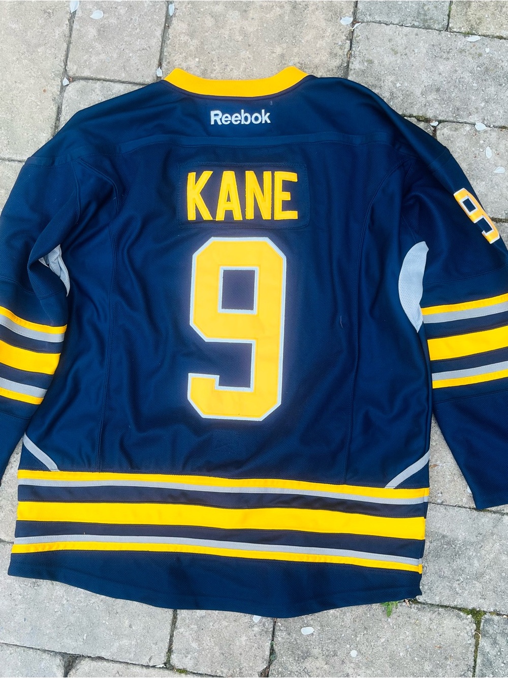 Vintage Buffalo Sabres Reebok Navy and Yellow Hockey Jersey with 'KANE' #9